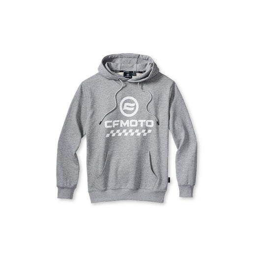 PRODUCT DESCRIPTION: Light grey hoodie with white CFMOTO logo Comfortable fit with ribbed cuffs and hem Kangaroo pocket and drawstring hood 65% cotton, 35% polyester